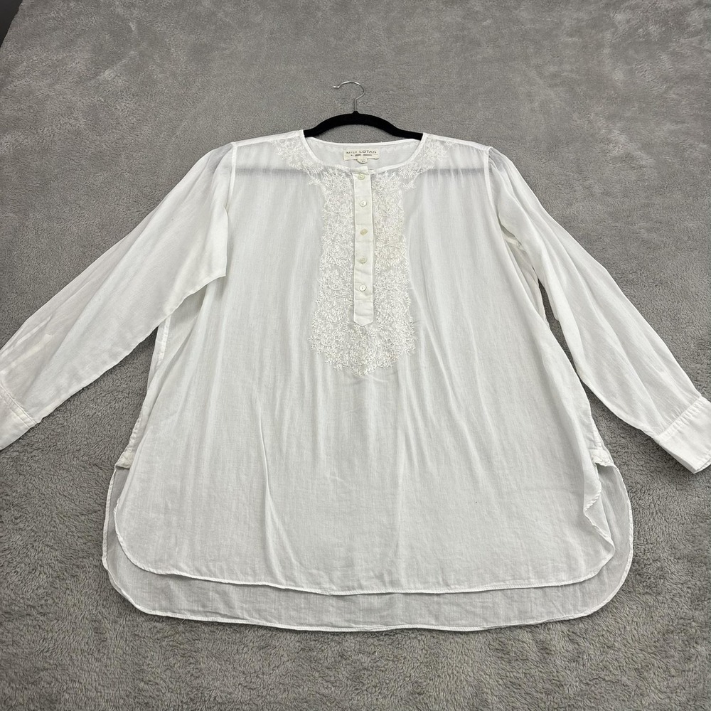 Nili Lotan Embroidered Tunic Popover Top Womens M White Sheer Cotton Cottagecore